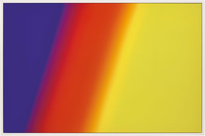 Cory Arcangel : Photoshop CS: 72 by 110 inches, 300 DPI, RGB, square pixels, default gradient 'Blue, Red, Yellow', mousedown y=11050 x=3350, mouseup y=16300 x=19900